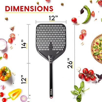 TKC Perforated Pizza Peel - 12" Metal Pizza Turner compatible with Ooni Ovens, Indoor & Outdoor Use, Durable and Heat-Resistant Handle, Lightweight Pizza Spatula (Black)