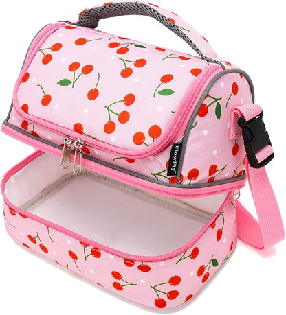 FlowFly Kids Double Decker Cooler Insulated Lunch Bag Large Tote for Boys, Girls, Men, Women, With Adjustable Strap, Cherry