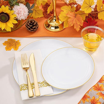 NOCCUR 350PCS Gold Disposable Dinnerware Set for 50 Guests - White and Gold Plastic Plates Include 50 Dinner/Dessert Plates, 150 Silverware and 50 Napkins/Cups Ideal for Party/Christmas