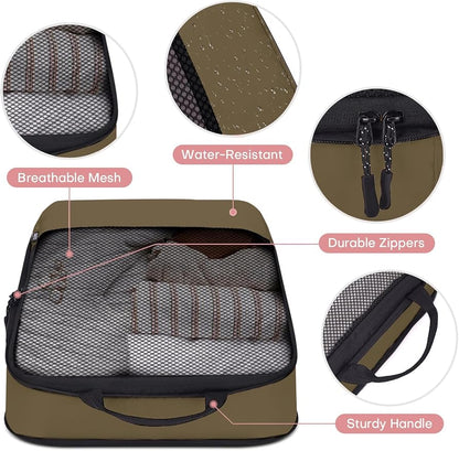 4 PCS Set Compression Packing Cubes for Travel, Lightweight Packaging Organizer Bags for Carry On Space Saving, Travel Essentials Cubes for Suitcase Backpack, Brown