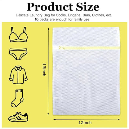 Mesh Laundry Bags for Washing Machine - 10 Pack (12x16 Inch), Double-layer Delicates Wash Protector for Lingerie Clothes