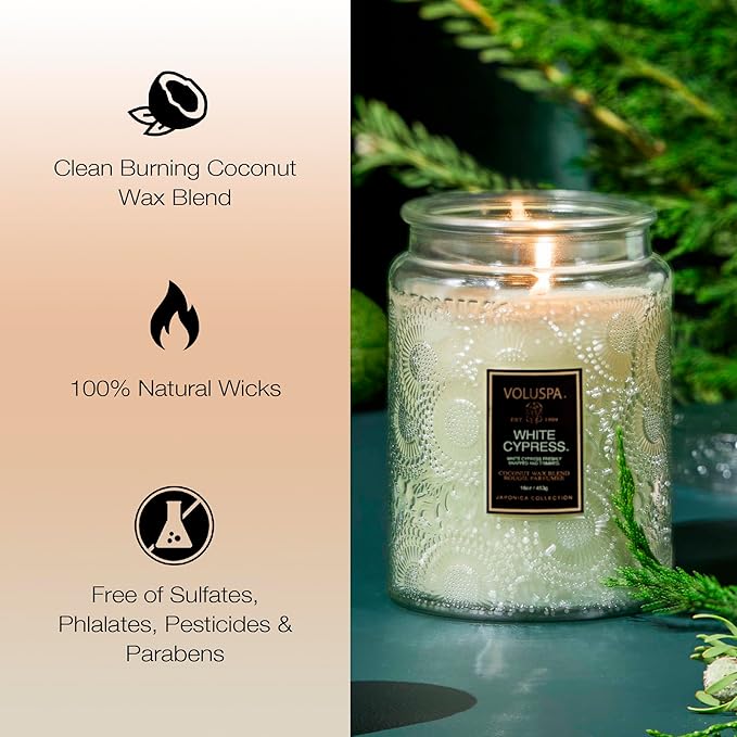 Voluspa White Cypress,Large Candle Jar,18 Ounce,100 Hour Burn Time, & Coconut Wax for Clean Burning,,Handcrafted in the USA