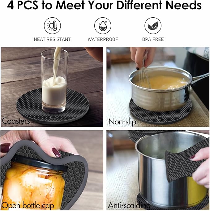Silicone Trivets for Hot Pots and Pans, 0.31" Thick Trivet Mat for Hot Dishes Set of 4, Heat Resistant Durable Flexible Silicone Mat Pot Mat for Countertop, Easy to Wash and Dry, Dark Gray