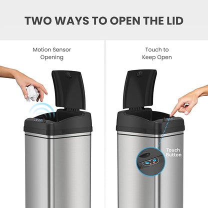 iTouchless 50 Liter / 13 Gallon Sensor Dog-Proof Kitchen Trash Can with Lid Lock and AbsorbX Odor Filter, Touchless Lid, Stainless Steel Garbage Recycling Bin for Kitchen, Home, Office, Business
