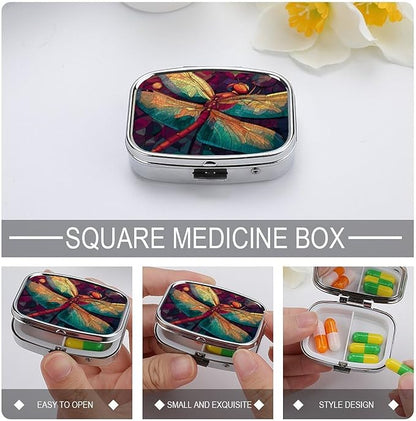 Metal 2 Compartment Pill Organizer Travel Friendly Portable Compact Pill Box Cute Pill Case,for Pocket Wallets Daily Portable Medicine Vitamin Tablet Storage (Dragonfly)