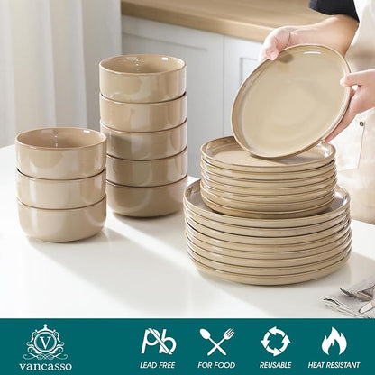 vancasso PLAYA Ceramic Plates and Bowls Sets, 24 Pieces Brown Dinnerware Sets