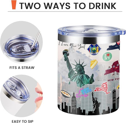 12oz Coffee Mug New York State Insulated Coffee Cups, United States Map Travel Mug Landmark, Birthday Gifts Cute Mugs with Lid and Straw Gifts for Mom