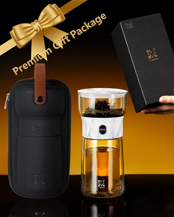 ZENS Modern One Touch Tea Maker, Glass Teapot with Infuser for Loose Leaf Tea Diffusers, Mess-Free Smart Pouring with Insulated Mug and Portable Tea Kits for Tea Lover Gifts