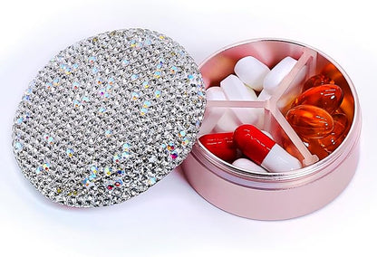 Small Pill Case 3 Compartments, Metal Round Portable Pill Box, Waterproof Travel Pill Organizer, Pocket Purse Medicine Vitamin Holder EDC Container (Rose Gold with Rhinestone)