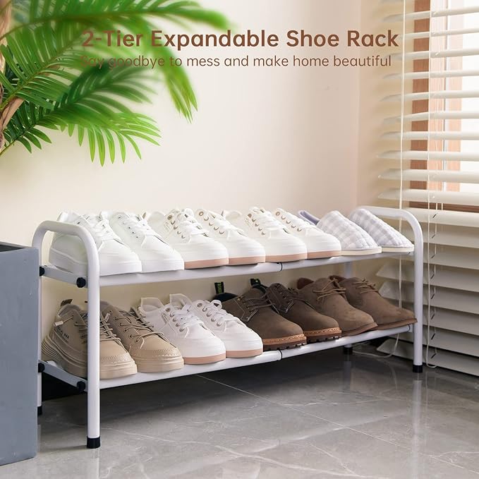 Gonfoam 2-Tier Expandable Shoe Rack,Adjustable Shoe Shelf Storage Organizer Heavy Duty Metal Free Standing Shoe Rack for Entryway Closet Doorway (White)