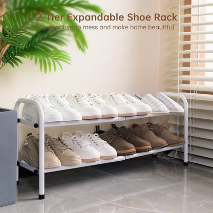 Gonfoam 2-Tier Expandable Shoe Rack,Adjustable Shoe Shelf Storage Organizer Heavy Duty Metal Free Standing Shoe Rack for Entryway Closet Doorway (White)