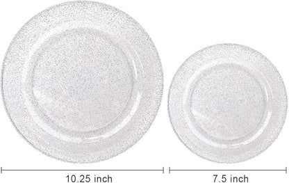 WDF 120PCS Silver Plastic Plates- Disposable Silver Glitter Plates, Premium Heavy Duty 60-10.25" Dinner Plates and 60-7.5" Salad Plates for Christmas Parties &Wedding