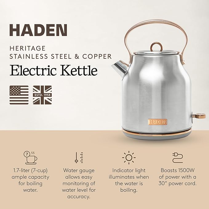 Haden Heritage 1.7 Liter Stainless Steel Electric Kettle, Hot Water Kettle with 360-Degree Base and Auto Shutoff, Steel & Copper