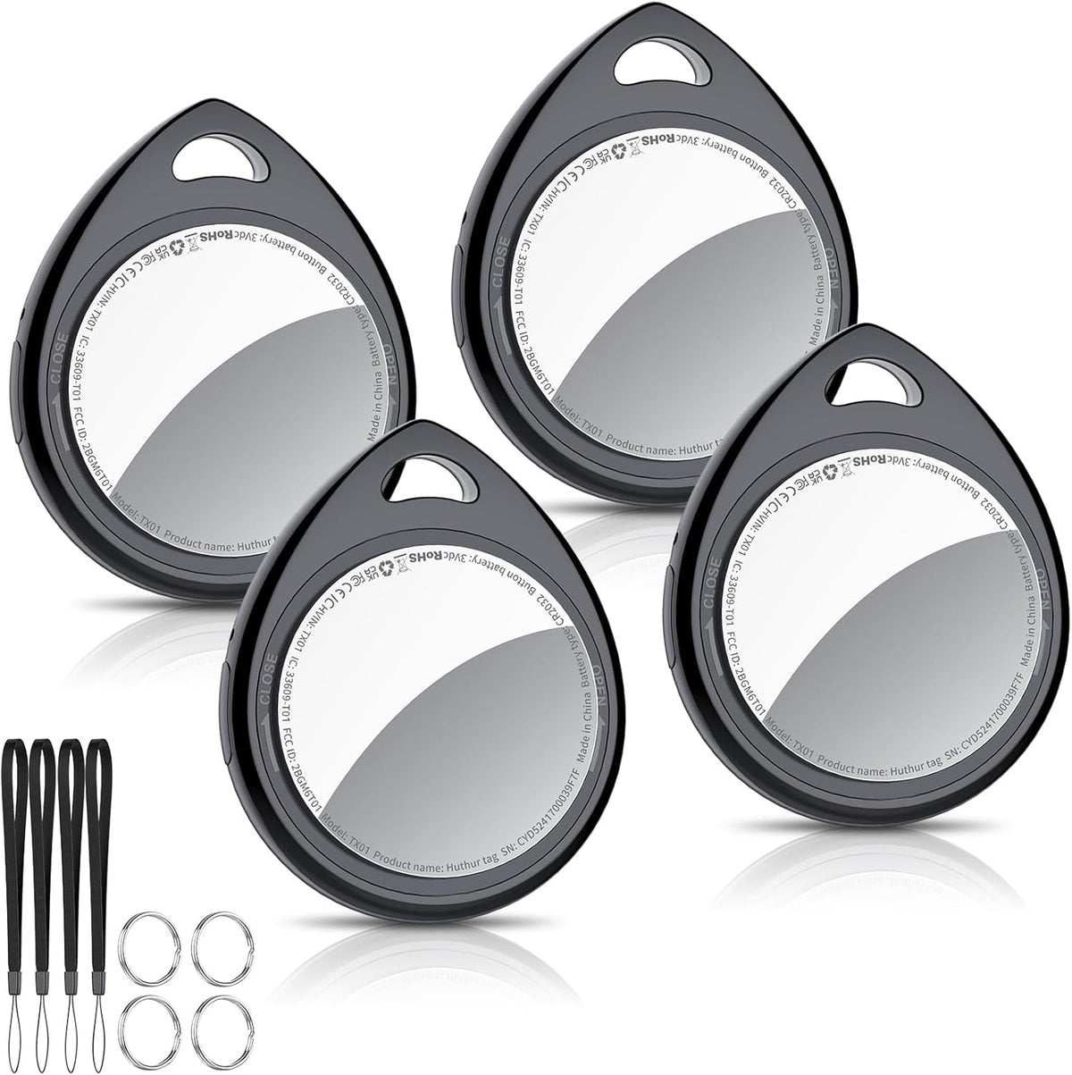 Air Tracker Tags-4 Pack, 5.3 Bluetooth Tracker Work with Apple Find My (iOS Only), 100dB Sound, Smart Tag with Keychain/Lanyard, Item Finder for Luggage/Key/Suitcase, Replaceable Battery, Black.