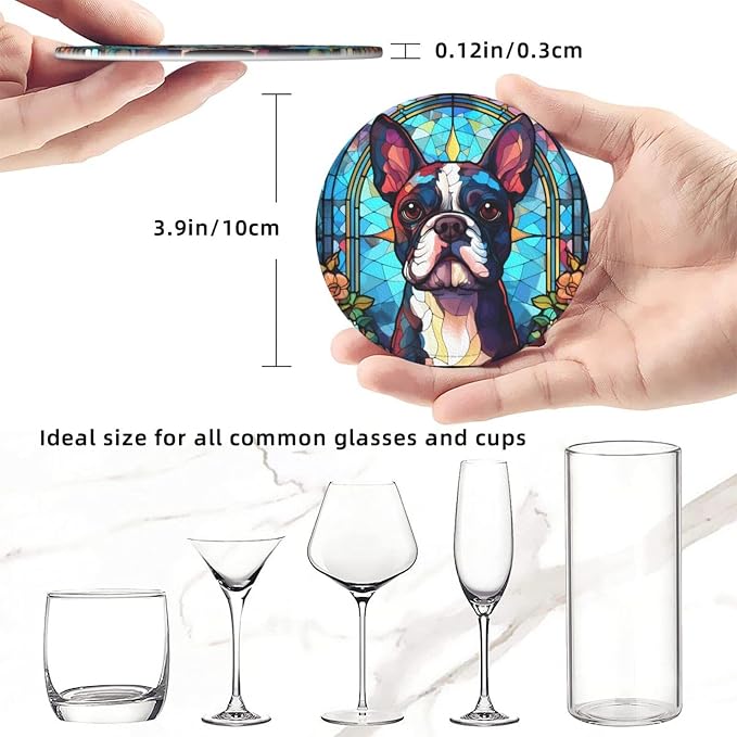 Boston Terrier Stained Dog Breed Glass Art Leather Drinks Coasters