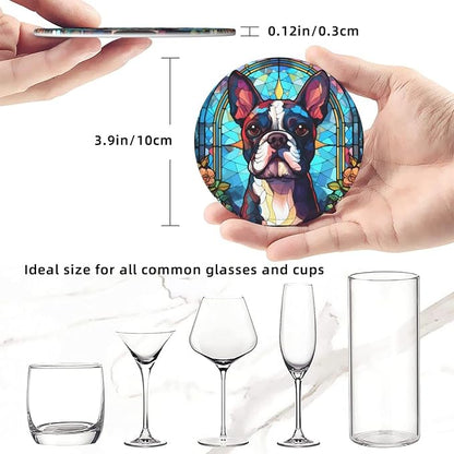 Boston Terrier Stained Dog Breed Glass Art Leather Drinks Coasters