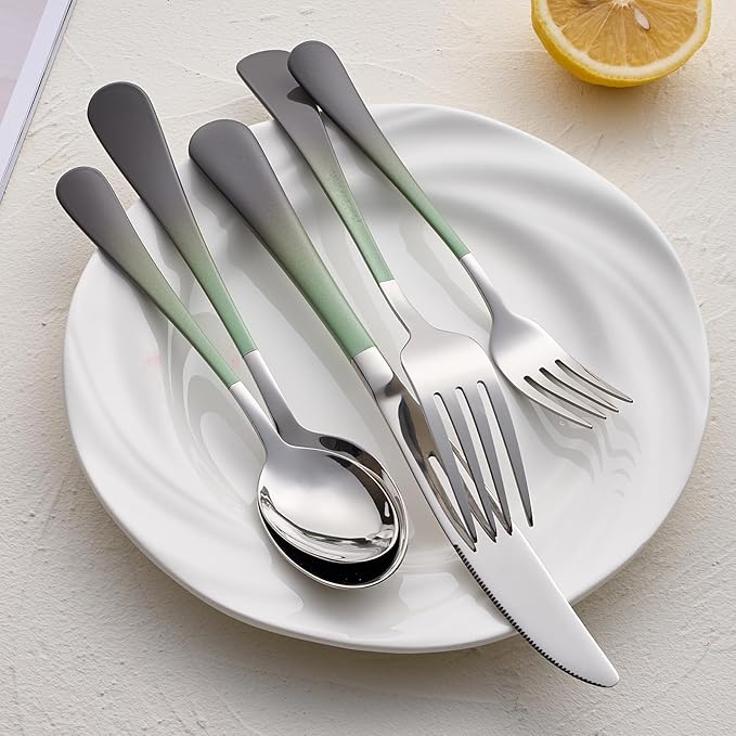 20-Pieces Color Silverware Sets for 4,Green and gray Handle Stainless Steel Cutlery Set, Include Forks Spoons and Knives Set, Dishwasher Safe Utensil Sets for Home Restaurant