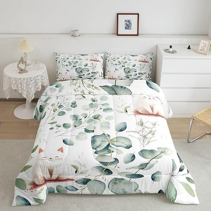 Erosebridal Kawaii Cat Bedding King Size for Boys Girls Cartoon Animal Comforter Set King, Eucalyptus Leaves Duvet Insert Pet Kitten Quilt Set, Tropical Botanical Plants Bedding Comforters & Sets