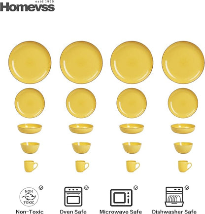 HomeVSS 20-Piece Dinnerware Set - Serves 4, Bright Glaze Yellow plates and bowls sets with Speckle Effect for Microwave & Dishwasher Safe