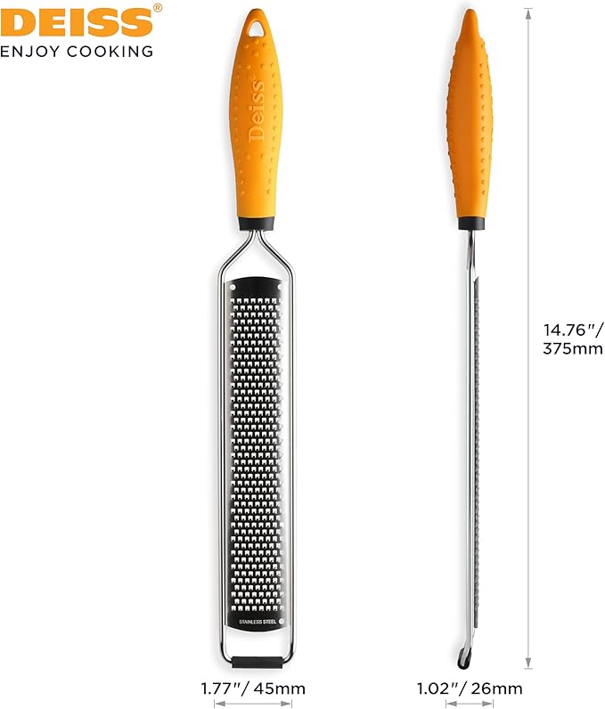 Deiss PRO Citrus Lemon Zester & Cheese Grater — Parmesan Cheese, Lemon, Ginger, Garlic, Nutmeg, Chocolate, Vegetables, Fruits - Razor-Sharp Stainless Steel Blade + Protect Cover - Dishwasher Safe