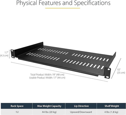 StarTech.com 1U Server Rack Shelf - Vented Rack Mount Cantilever Tray for 19" Network Rack & Cabinet, 44lb/20kg, 10" Deep