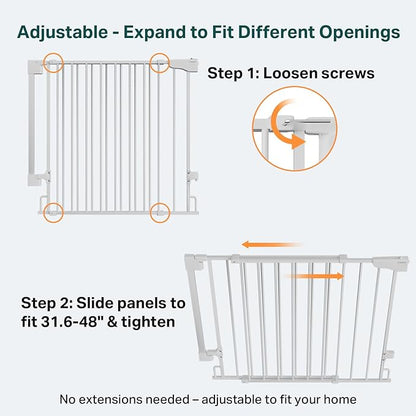 Cumbor 34" Extra Tall Baby Gate for Stairs, Wall-Mounted (Drill Required), Expandable 31.6-48" No Bottom Bar Dog Gate Indoor for Larger Pets, Large Walk Thru Door for Easy Access (White)