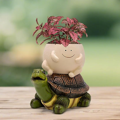 Smily Face Succulent Planter Pot, Funny Turtle Self-Watering Planter Pots, Lawn Decor Tortoise Statue for Patio, Balcony, Yard Ornament with Drainage Hole, Unique Housewarming Gifts