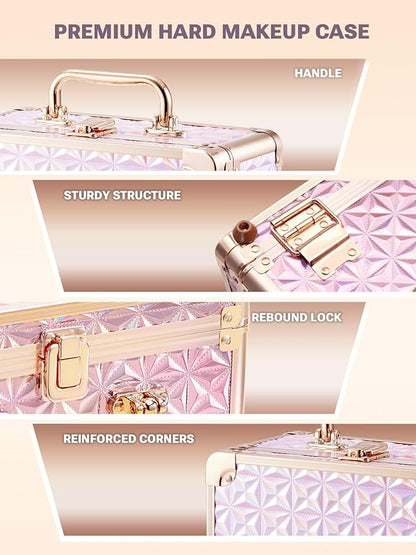 Qislee Makeup Box with A Detachable Lighted Mirror, Waterproof Travel Train Case, Cosmetic Organizer and Makeup Suitcase with Adjustable Dividers, Magnetic LED Mirror(Sparkling Pink)