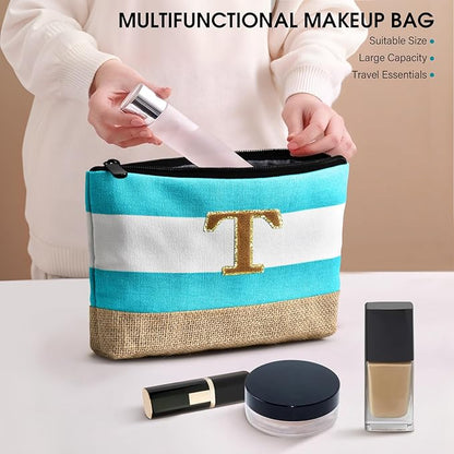 Becokan Beach Bag Initial Beach Tote with Makeup Bag for Travel Work Storage Personalized Birthday Gifts for Women Her