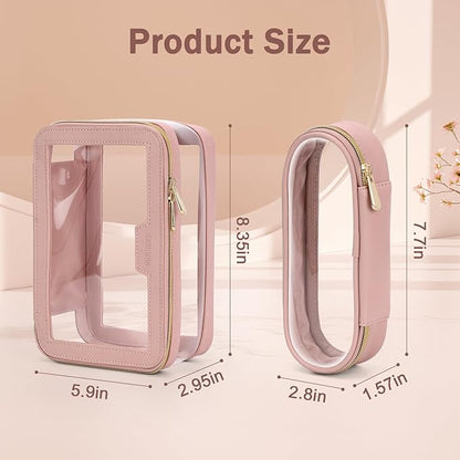 Travel Clear Makeup Bag with Makeup Brush Bag, Leather Makeup Case Toiletry Bag, Portable Cosmetic Bag Case, Transparent Waterproof Cosmetic Organizer Storage Bag for Women, Medium, Pink