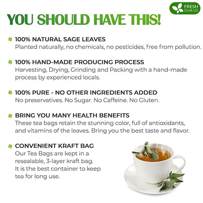 FreshDrinkUS, Premium 135 Sage Leaf Tea Bags, 100% Natural & Pure from Sage Leaves. Loose Leaf Herbal Tea. Made with Natural Material Tea Bags. No Sugar, No Caffeine, No Gluten, Vegan.