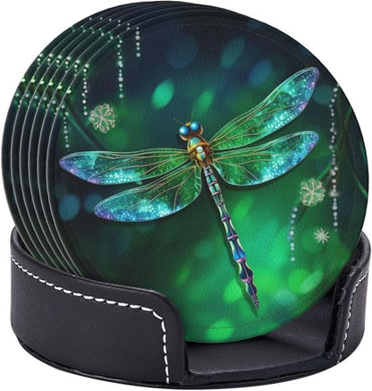 6 Pcs Fantasy Spring Dragonfly Leather Coasters