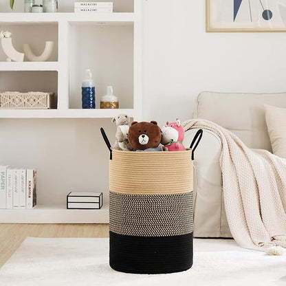 Fiona's magic 72L Large Woven Laundry Hamper, Tall Cotton Rope Storage Basket, Jute Baby Nursery Hamper for Blankets, Toys and Clothes in Bedroom and Living Room Organizing, Brown & Black