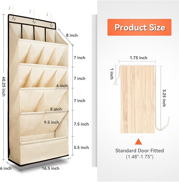 FENTEC 1 Pack Over the Door Shoe Organizers, Hanging Shoe Organizer with Large Deep Pocket Shoe Holder for Closet Shoe Rack for Wall, Over Door Shoe Storage Hold up to 18 Pairs Shoe, Beige