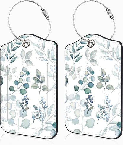 2 Pcs Green Eucalyptus Leaves Luggage Tags for Suitcases PU Leather Baggage Tags Name ID Label with Privacy Cover and Stainless Steel Loop for Men Women Travel Bag Suitcase