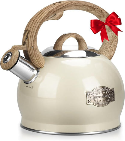 Teapot for Stovetop, 2.1 Quart Stove Top Whistling Tea Kettle, Teapot Kettles with Food Grade Stainless Steel and Wood Pattern Folding Handle, Suitable for All Heat Sources