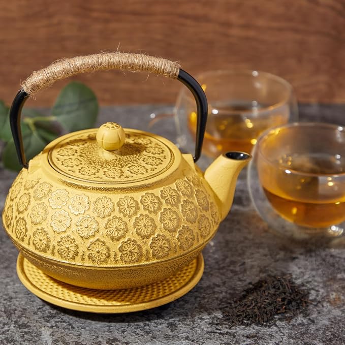 Juvale Japanese Cast Iron Teapot - Stainless-Steel Infuser & Loose Leaf Tea Pot - Superior Heat Retention Cast Iron Kettle - Elegant Floral Trivet For Home Tea Set - 800 ml, Yellow