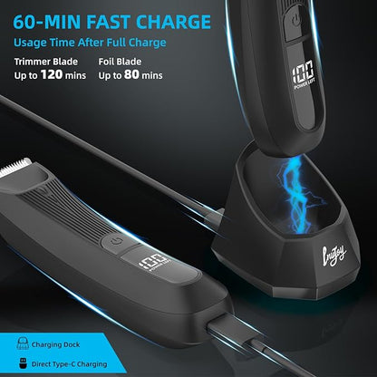 INVJOY Manscape Body Trimmer for Men, Waterproof Electric Razor/Shavers with Dual-Head for Facial, Pubic & Groin Hair Grooming, Ceramic & Foil Blades Hair Trimmer with LED - Birthday Gift for Him Dad