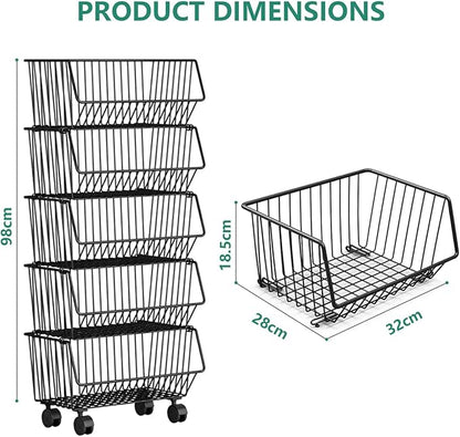 Wire Baskets Organization with Rollers for Kitchen and Home Storage, Vegetable Fruits Metal Basket for Countertop and Corner, Wire Basket Storage Bins for Space Utilization, Durable, 5 Tiers