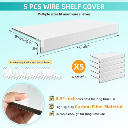 5 Pcs Wire Shelf Cover, 30X16X3 Inch Carbon Fiber Material Shelf Covers for Pantry Shelves(Not Wood), Waterproof Removable Closet Shelving Liner for Home Kitchen,Office Organization - White