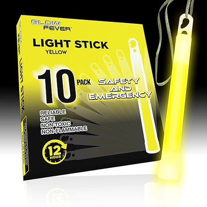 Glow Fever Emergency Safety Military Grade Glow Sticks, 10PCS, 6" Ultra Bright Light Sticks with 12 Hours Duration. Great for Hiking, Party, Camping, Blackouts, Hurricane and Survival Kits (Yellow)