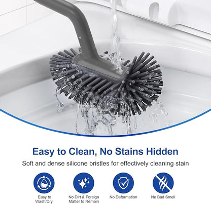 HAMITOR Toilet Bowl Brush Holder Set: Deep Cleaning Silicone Toilet Cleaner Scrubber Under Rim with Curved Bristle for Bathroom Dead Corner Clean - Modern Rv Toilet Decorative Accessories - Gray