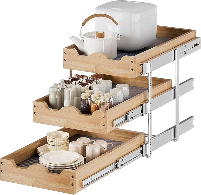 DINDON 3 Tier Pull Out Cabinet Organizer 11” W X21” D Slide Out Wood Drawer With Shelf Liner For Kitchen Pantry Organization