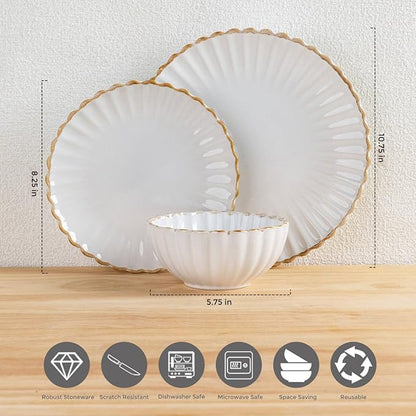 GBHOME Stoneware Dinnerware Sets for 4,Handcrafted Embossed Design Reactive Glaze Ceramic Plates and Bowls, Dishwasher and Microwave Safe, Service for 4(12pcs)
