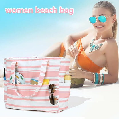 LEDAOU Beach Bag Waterproof Sandproof Women Tote Bag Pool Bag with Zipper for Gym Grocery Travel with Wet Pocket