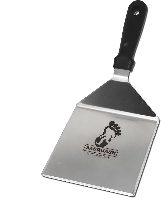 The Sasquash - Mammoth Smash Burger Spatula - Professional Grade Extra Wide Hamburger Turner - Heavy Duty 6 x 5.5 Inch, One Pound Knife Grade Stainless Steel, Blackstone BBQ Griddle and Grill Tool