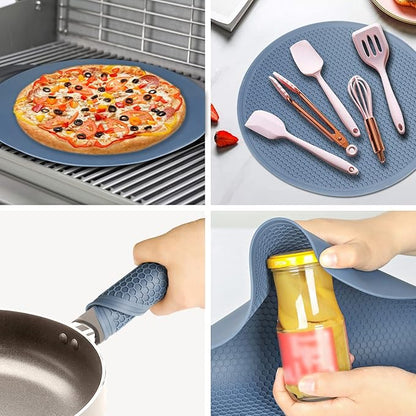 Extra Large Silicone Microwave Mat & Food Cover- Mat as Bowl Holder, Cover for Splatter Guard, Multi-Use Silicone Trivet Pot Holders, Drying Mat for Kitchen Counter, 12"Heat Resistant Mat, Blue 2Pack