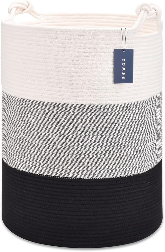 COMSE Extra Large Blanket Basket, Tall Woven Storage Basket, Nursery Hamper, 15.7”x 21.7”, Cotton Rope Laundry Hamper for Toys Clothes Towels, White/Gray/Black