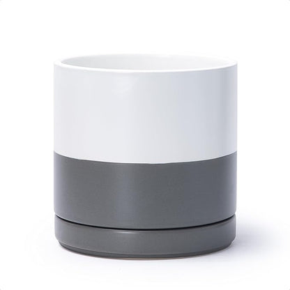D'vine Dev 8.2 Inch Ceramic Planter Pot with Drainage Hole and Saucer, Indoor Cylinder Round Planter Pot, White/Speckled Grey, 94-O-D-6