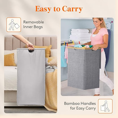 Lifewit 160L Double Laundry Hamper with Lid, Extra Large Bamboo Laundry Basket Dirty Clothes Hamper, 2 Section Laundry Bin Organizer for Laundry Room Bedroom with 2 Removable Liners & Bags, Gray